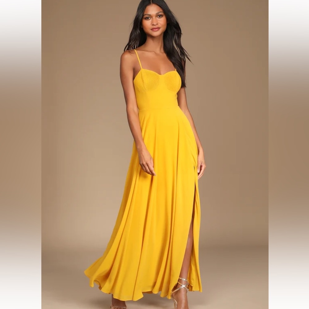 LULUS GOLDEN YELLOW PLEATED BUSTIER MAXI DRESS Medium Wedding Guest